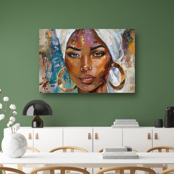 Afrikaanse vrouw met witte hoofddoek en gouden oorbellen poster