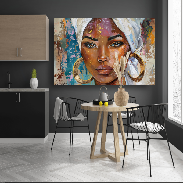 Afrikaanse vrouw met witte hoofddoek en gouden oorbellen poster