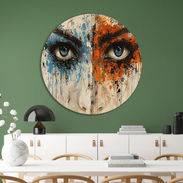 Twee Ogen omgeven door Kleur en Emotie aluminium muurcirkel