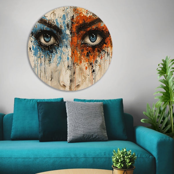 Twee Ogen omgeven door Kleur en Emotie aluminium muurcirkel