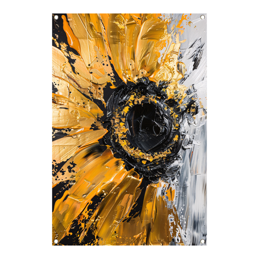 Abstracte zonnebloem in zwart, goud, oranje en wit tuinposter