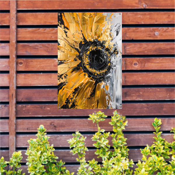 Abstracte zonnebloem in zwart, goud, oranje en wit tuinposter