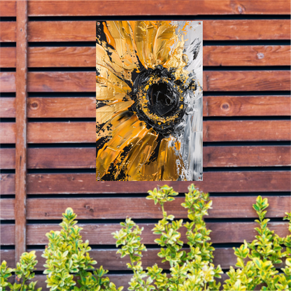 Abstracte zonnebloem in zwart, goud, oranje en wit tuinposter