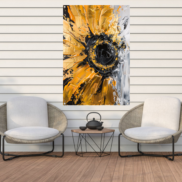 Abstracte zonnebloem in zwart, goud, oranje en wit tuinposter