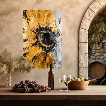 Abstracte zonnebloem in zwart, goud, oranje en wit tuinposter