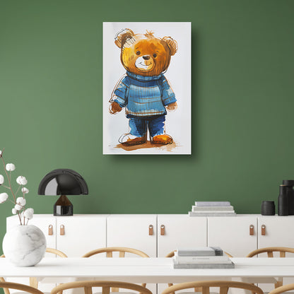 Aquarel  van een teddybeer in een blauwe trui canvas met baklijst