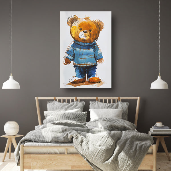 Aquarel  van een teddybeer in een blauwe trui canvas met baklijst