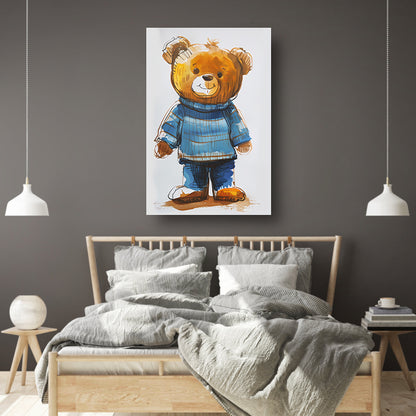 Aquarel  van een teddybeer in een blauwe trui canvas met baklijst
