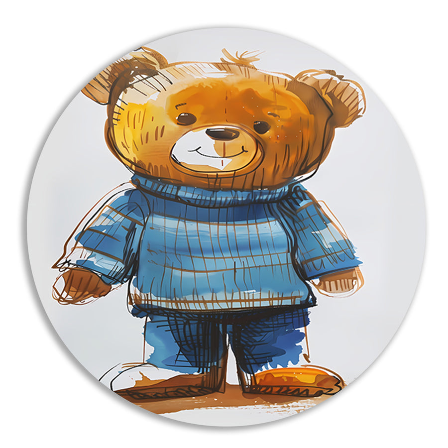 Aquarel  van een teddybeer in een blauwe trui forex muurcirkel