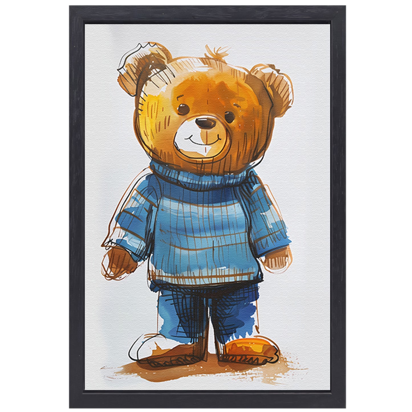 Aquarel  van een teddybeer in een blauwe trui canvas met baklijst