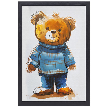 Aquarel  van een teddybeer in een blauwe trui canvas met baklijst