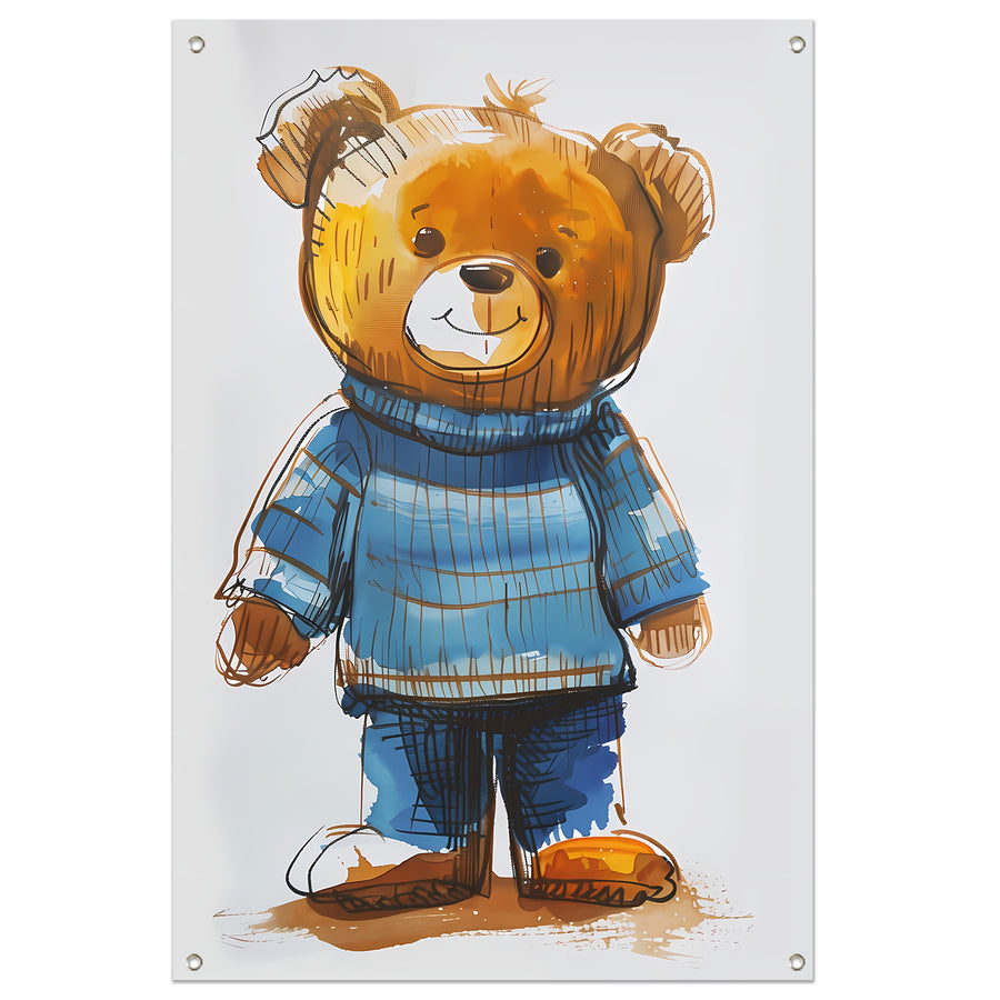Aquarel  van een teddybeer in een blauwe trui tuinposter
