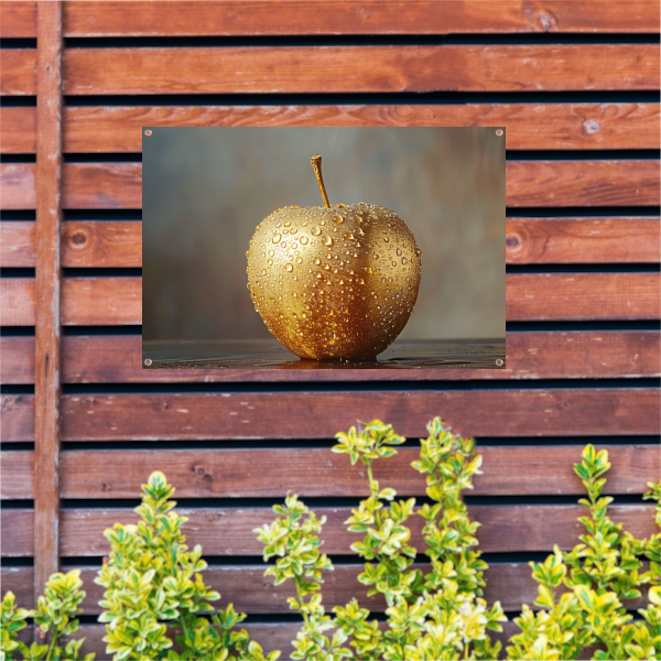 Gouden Appel met Druppels op Warme Achtergrond tuinposter