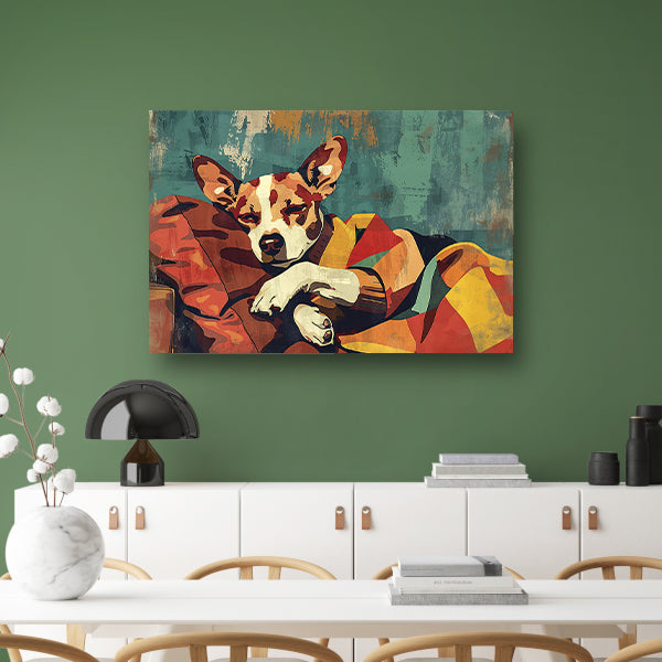 Hondje in kleurrijke deken gehuld canvas