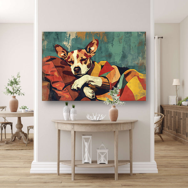 Hondje in kleurrijke deken gehuld canvas