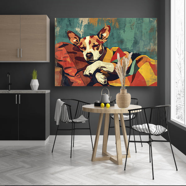 Hondje in kleurrijke deken gehuld canvas