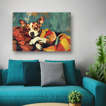 Hondje in kleurrijke deken gehuld canvas