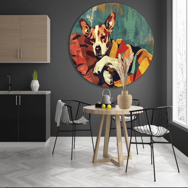 Hondje in kleurrijke deken gehuld aluminium muurcirkel