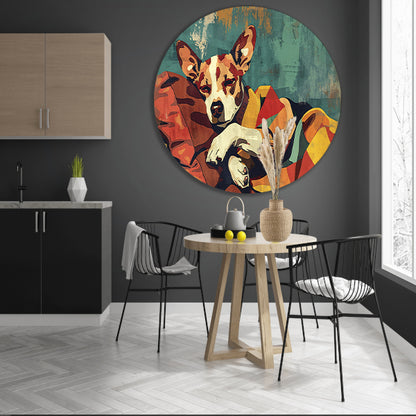 Hondje in kleurrijke deken gehuld aluminium muurcirkel