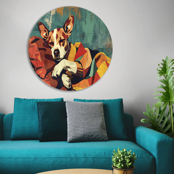 Hondje in kleurrijke deken gehuld aluminium muurcirkel