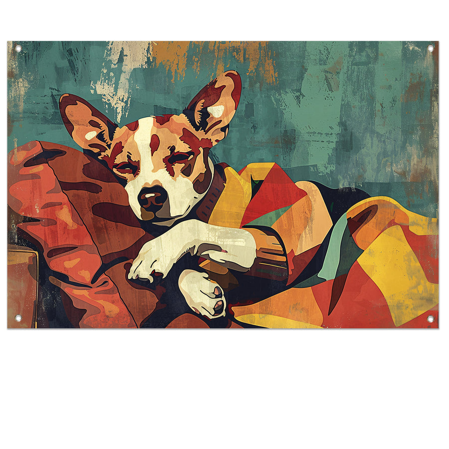 Hondje in kleurrijke deken gehuld tuinposter
