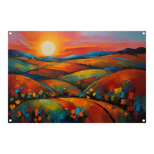 Kleurrijke impressie van een zonsondergang in de natuur tuinposter