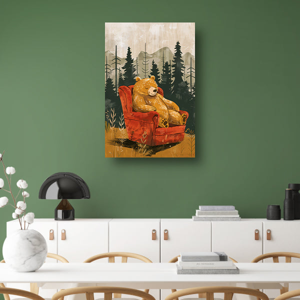 Bruine beer in rode fauteuil in bos poster