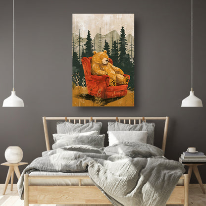 Bruine beer in rode fauteuil in bos poster