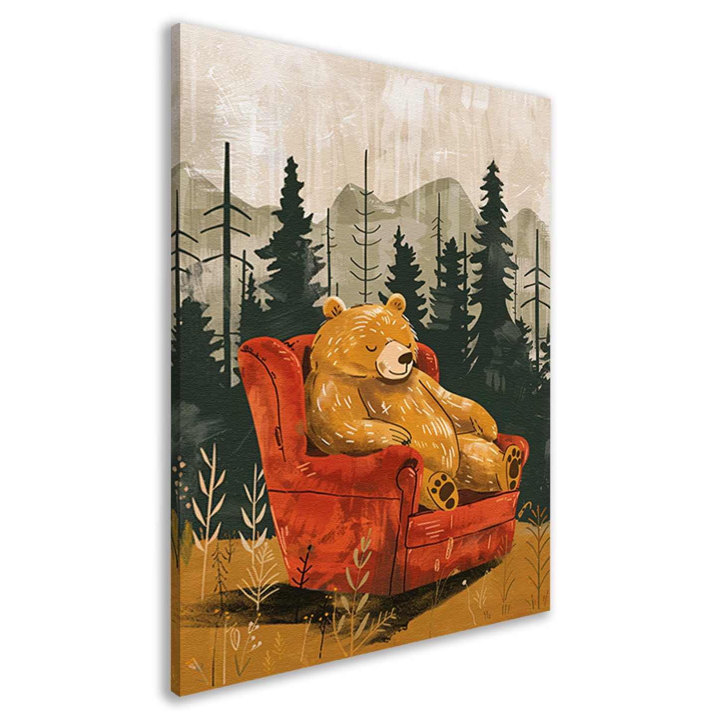 Bruine beer in rode fauteuil in bos canvas
