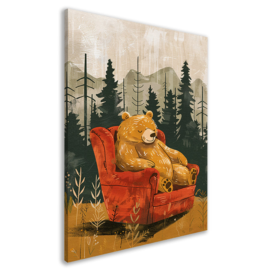 Bruine beer in rode fauteuil in bos canvas