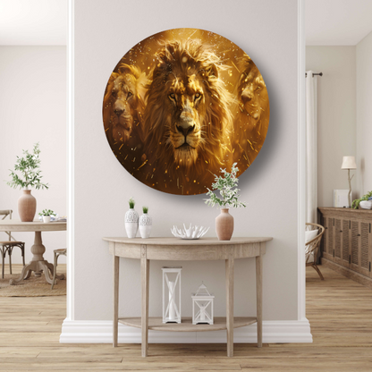 Leeuwen savanne zonsondergang aluminium muurcirkel