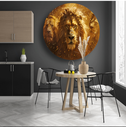 Leeuwen savanne zonsondergang aluminium muurcirkel