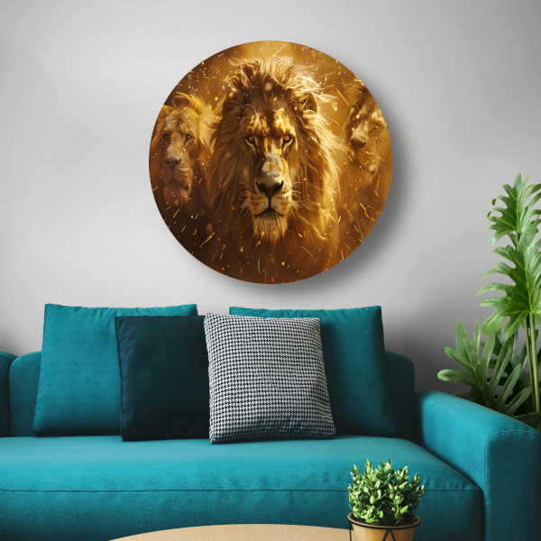 Leeuwen savanne zonsondergang aluminium muurcirkel