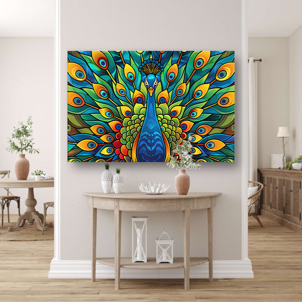 Kleurrijke pauw in glas-in-loodstijl canvas