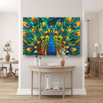 Kleurrijke pauw in glas-in-loodstijl canvas