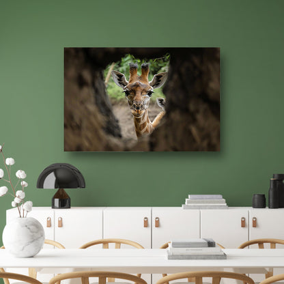 Jonge giraf gluurt door boom acrylglas