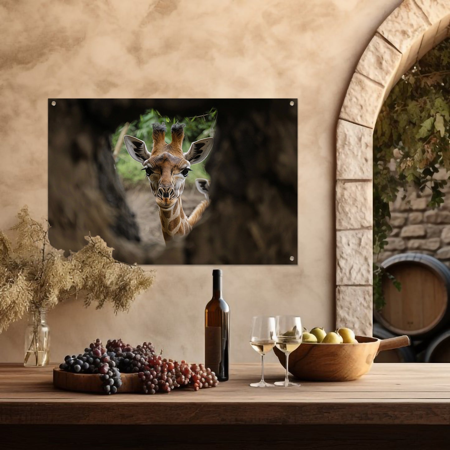 Jonge giraf gluurt door boom tuinposter