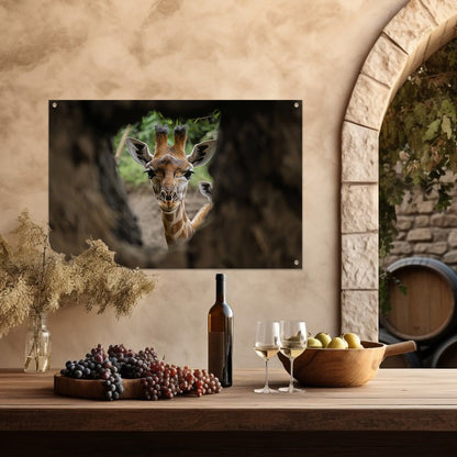 Jonge giraf gluurt door boom tuinposter