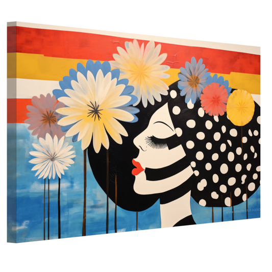 Vrouw Met Stippenjurk en Bloemen canvas