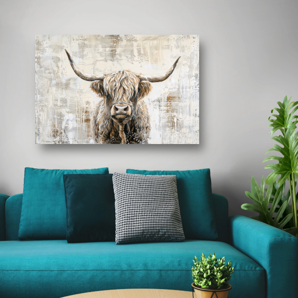 Rustieke Schotse Hooglander in Sepia Tinten canvas met baklijst