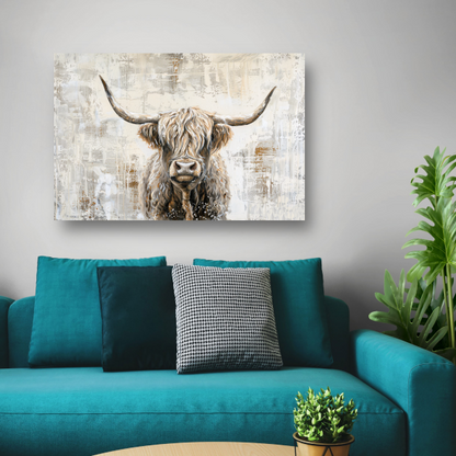 Rustieke Schotse Hooglander in Sepia Tinten canvas met baklijst