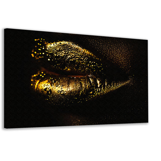 Gouden lippen glinsterend in het donker canvas