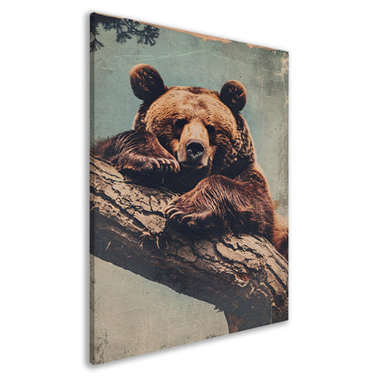 Beer rustend op een boomstronk canvas