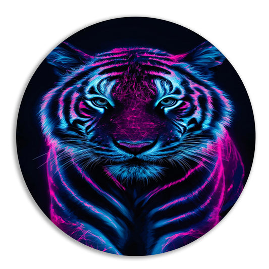 Neon tijger in digitale kunststijl aluminium muurcirkel
