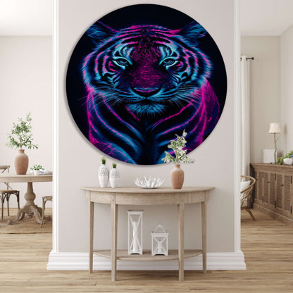 Neon tijger in digitale kunststijl aluminium muurcirkel