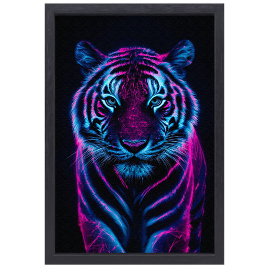 Neon tijger in digitale kunststijl canvas met baklijst
