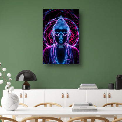 Neon Boeddha met psychedelische kleuren en halo acrylglas