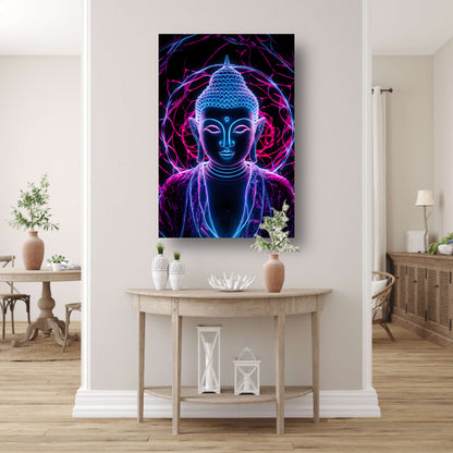 Neon Boeddha met psychedelische kleuren en halo poster