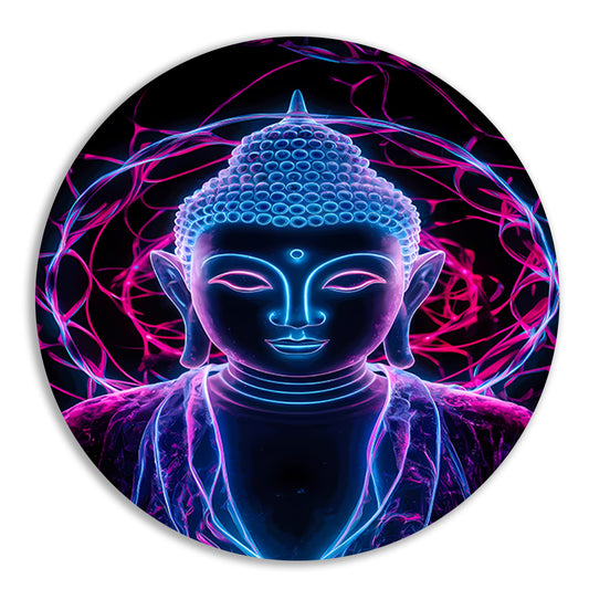 Neon Boeddha met psychedelische kleuren en halo aluminium muurcirkel