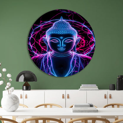 Neon Boeddha met psychedelische kleuren en halo aluminium muurcirkel